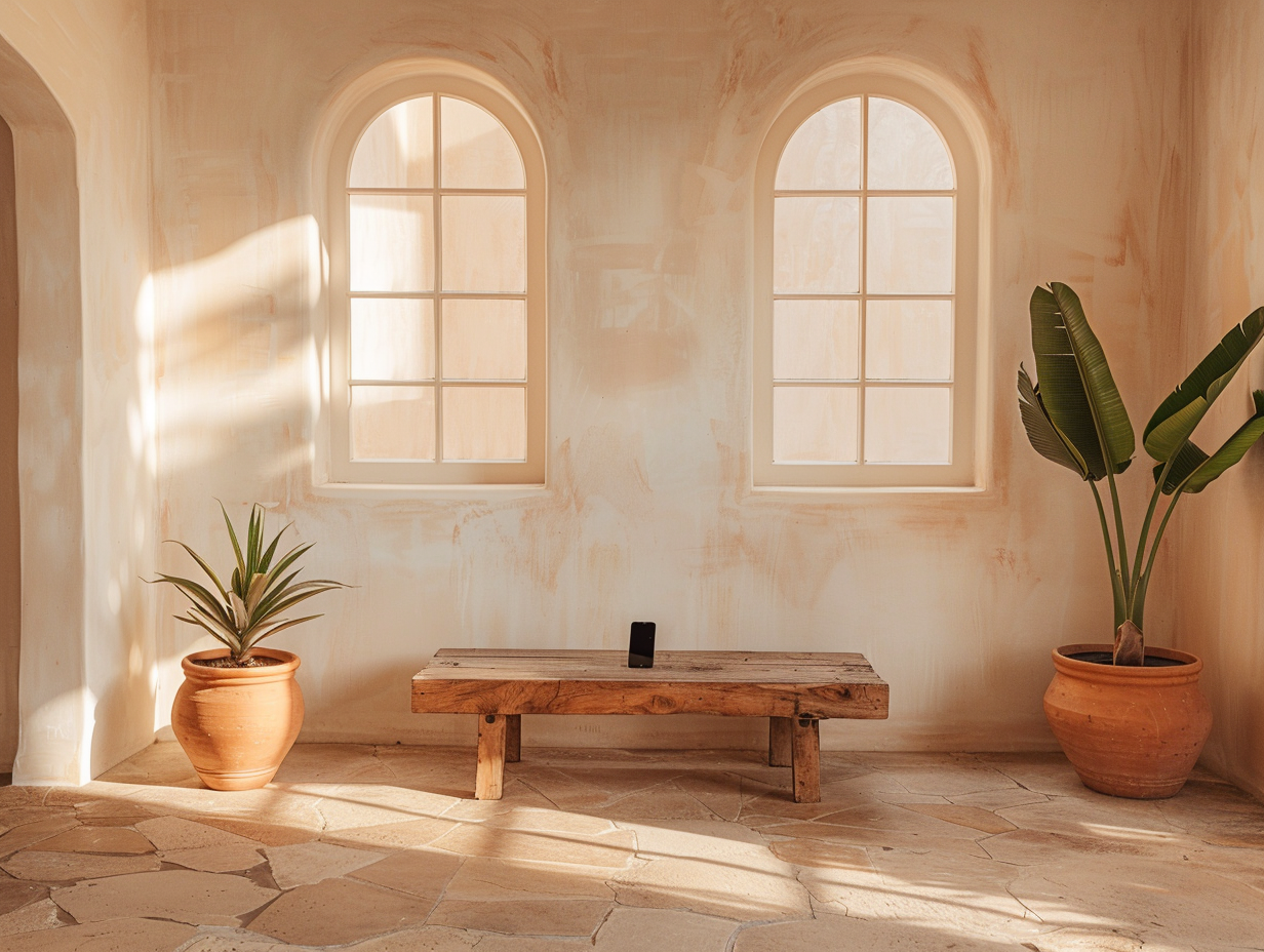Boutique Latin American studio in golden-hour light, with terracotta planters, a wooden bench, and arched windows.