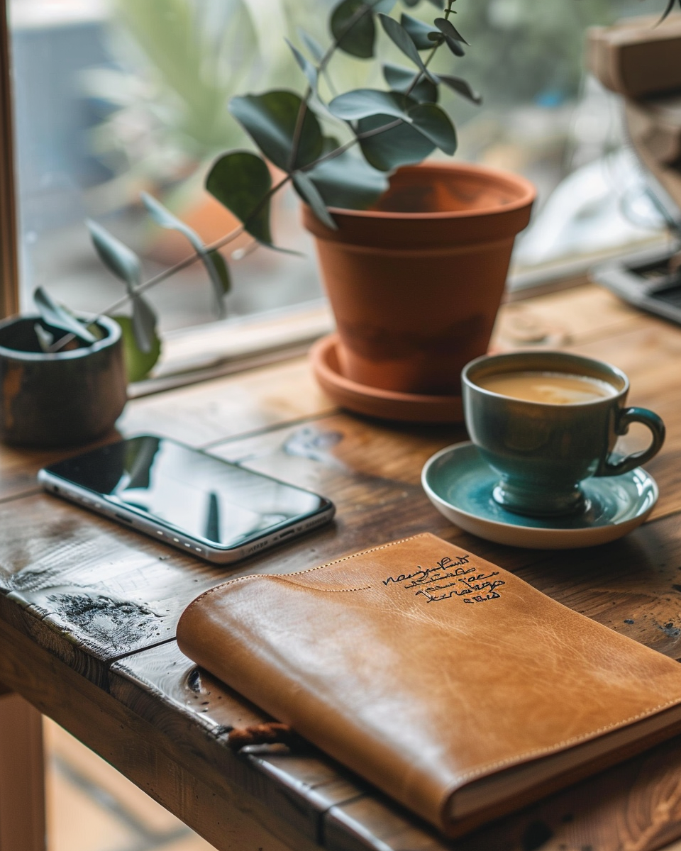 Wooden table with a leather journal, coffee, plant, and phone beside a window in golden light. Salvador's workspace.